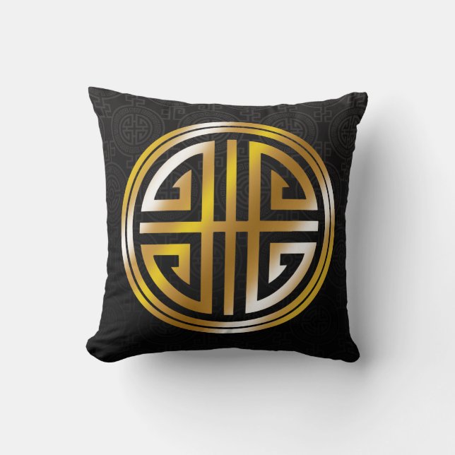 Oriental Ornamental Long Life Symbol | black gold Cushion (Front)
