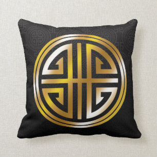 Oriental Ornamental Long Life Symbol   black gold Cushion