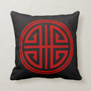 Oriental Ornamental Long Life Symbol   black red Cushion