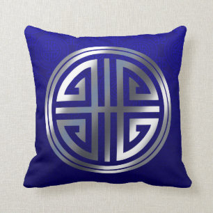 Oriental Ornamental Long Life Symbol cobalt silver Cushion