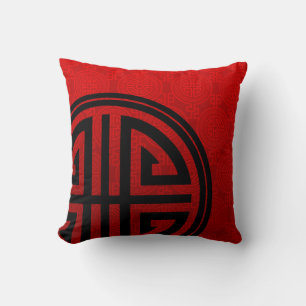 Oriental Ornamental Long Life Symbol   red black Cushion