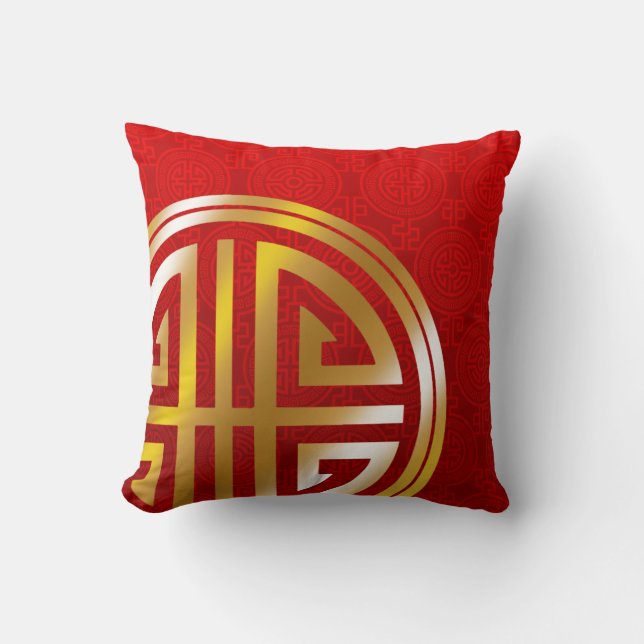 Oriental Ornamental Long Life Symbol | red gold Cushion (Front)