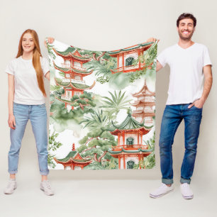 Oriental Pagoda Garden Sage Watercolor Fleece Blanket