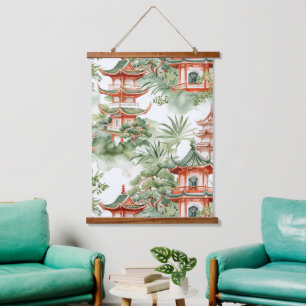 Oriental Pagoda Garden Sage Watercolor Hanging Tapestry