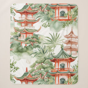 Oriental Pagoda Garden Sage Watercolor Sherpa Blanket