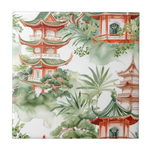 Oriental Pagoda Garden Sage Watercolor Tile
