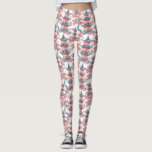 Oriental Pagoda Sakura Blossom Red Art Leggings