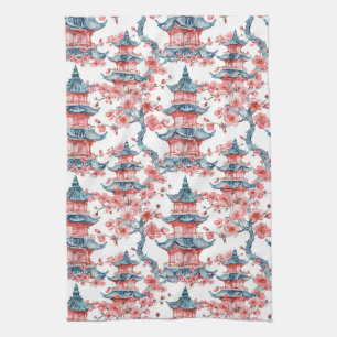 Oriental Pagoda Sakura Blossom Red Art Tea Towel