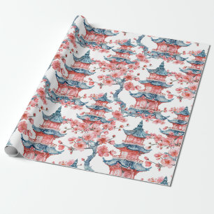 Oriental Pagoda Sakura Blossom Red Art Wrapping Paper