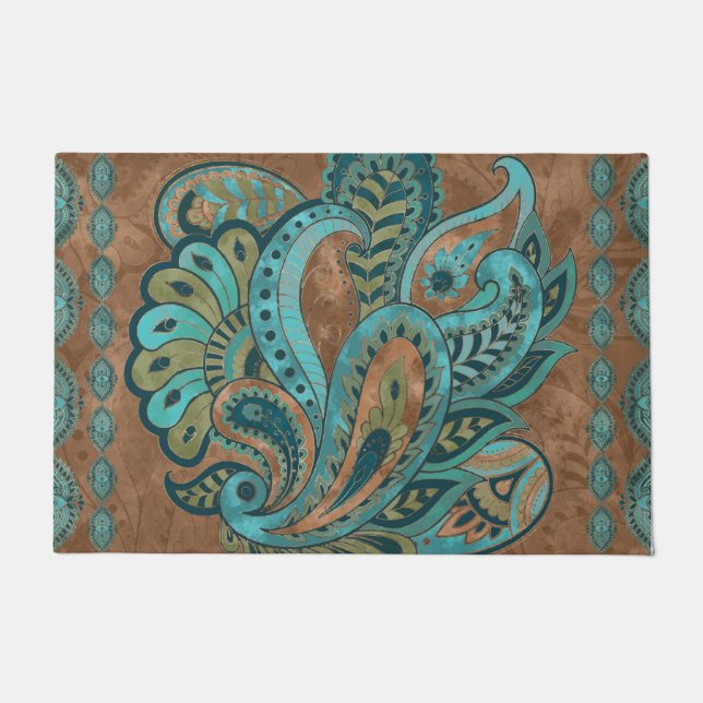 Oriental Paisley Pattern Watercolor and Gold Doormat (Front)
