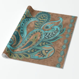 Oriental Paisley Pattern Watercolor and Gold Wrapping Paper