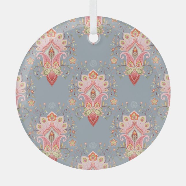 Oriental Paisley Peacock Feather Background Glass Tree Decoration (Front)