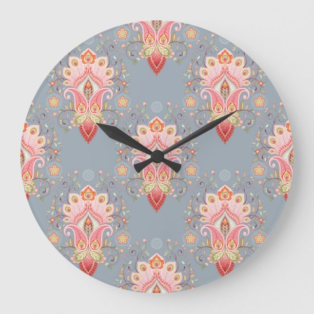Oriental Paisley Peacock Feather Background Large Clock (Front)