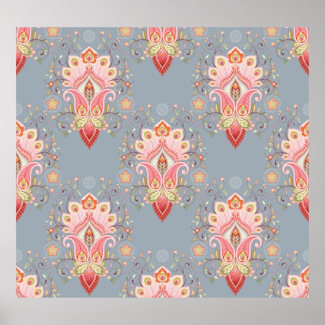 Oriental Paisley Peacock Feather Background Poster (Front)