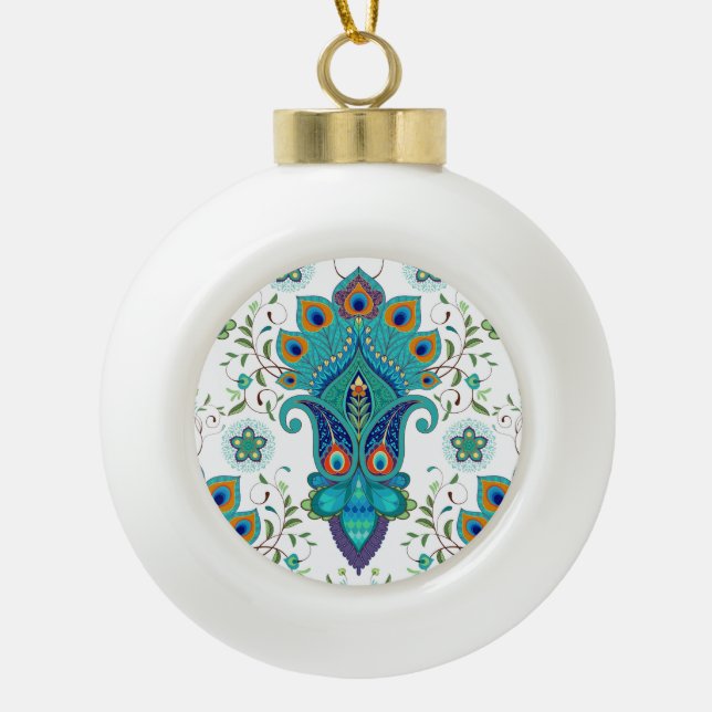 Oriental paisley, peacock feather pattern. ceramic ball christmas ornament (Front)