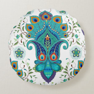 Oriental paisley, peacock feather pattern. round cushion