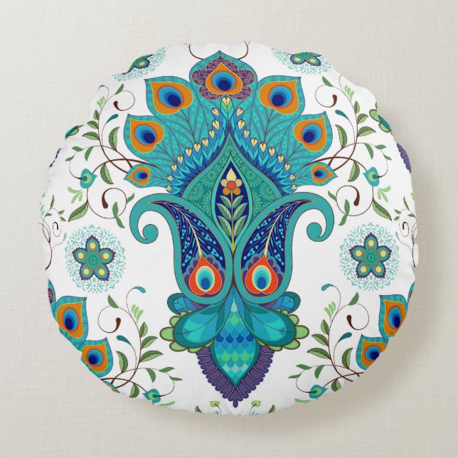 Oriental paisley, peacock feather pattern. round cushion (Front)