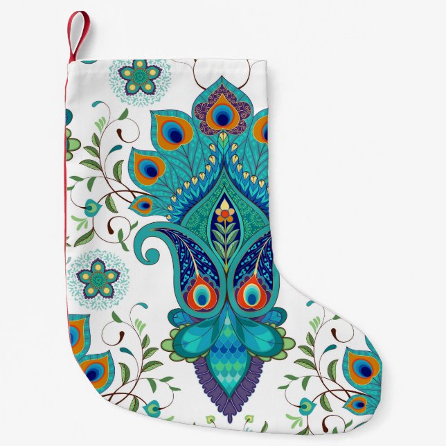 Oriental paisley, peacock feather pattern. small christmas stocking (Front)