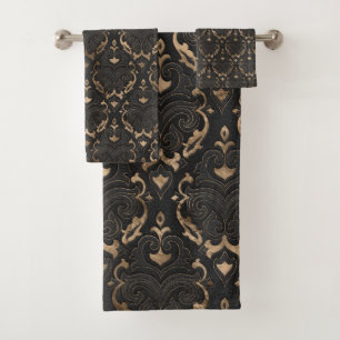 Oriental Pattern - Black Leather and gold Bath Towel Set