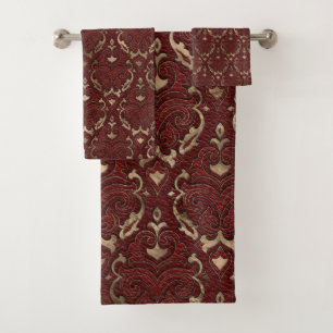 Oriental Pattern - Red Leather and gold Bath Towel Set