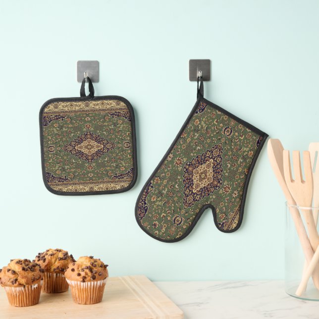 Oriental Persian Green Turkish Rug Oven Mitt & Pot Holder Set (Insitu(Hanging))