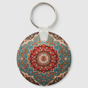 Oriental Persian Pattern Red Cream Blue Key Ring