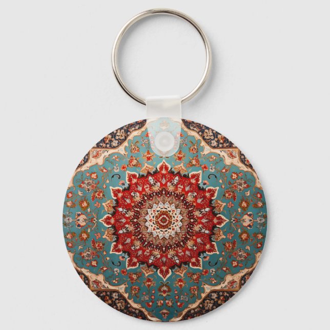 Oriental Persian Pattern Red Cream Blue Key Ring (Front)