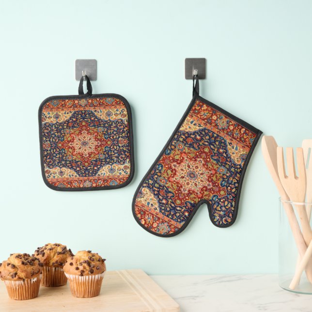 Oriental Persian Turkish Carpet Pattern Oven Mitt & Pot Holder Set (Insitu(Hanging))