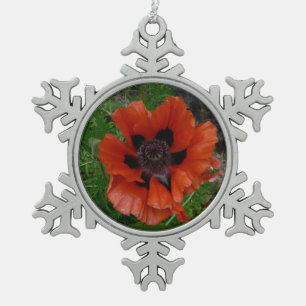 Oriental poppy snowflake pewter christmas ornament