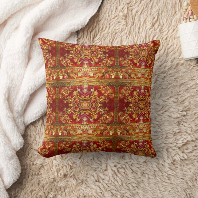 Oriental Red and Gold Wood Carving Cushion (Blanket)