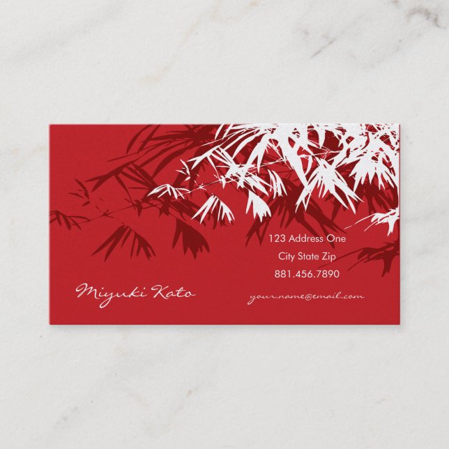 Oriental Red And White Bamboo Leaves Stylish Zen Business Card (Front)