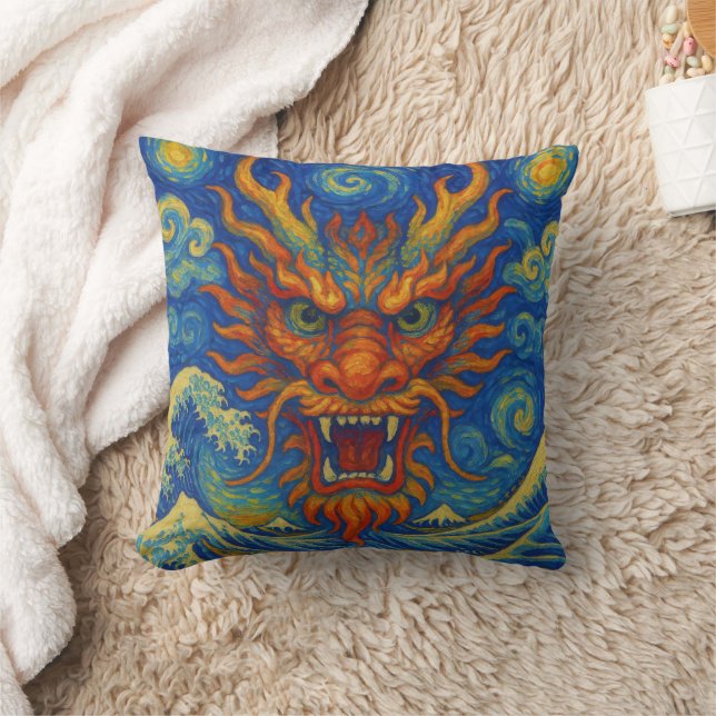 Oriental red dragon starry night Kanagawa waves  Cushion (Blanket)