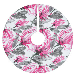 Oriental Red Flower: Watercolor Pattern. Brushed Polyester Tree Skirt