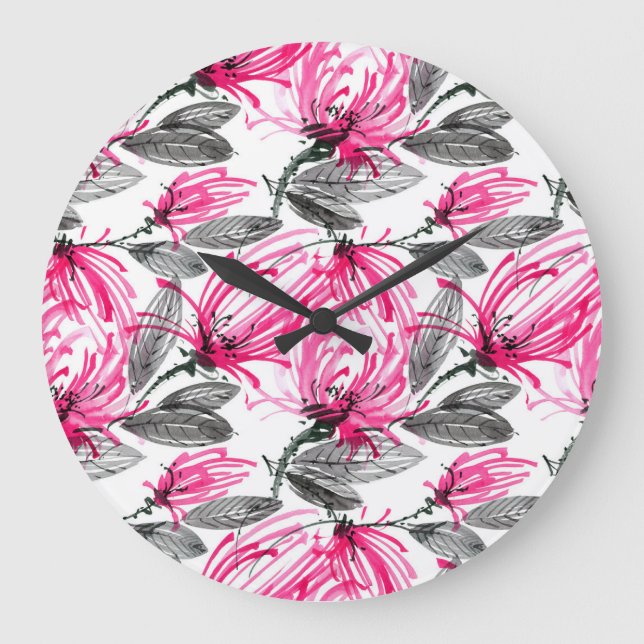 Oriental Red Flower: Watercolor Pattern. Large Clock (Front)