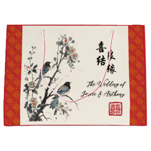 Oriental red flowers birds chinese wedding large gift bag