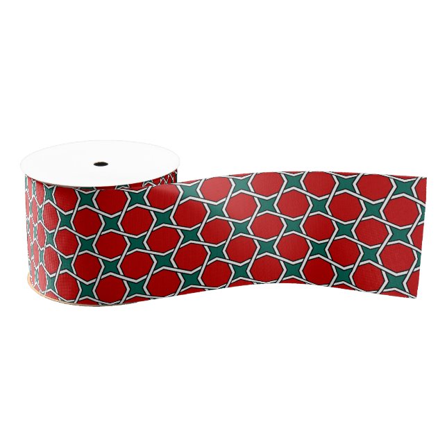 Oriental Red Green Arabic Egypt Geometric Pattern Grosgrain Ribbon (Spool)