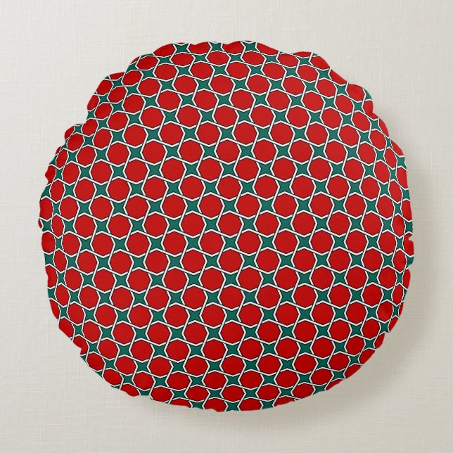 Oriental Red Green Arabic Egypt Geometric Pattern Round Cushion (Front)