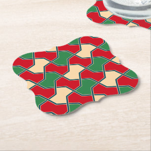 Oriental Red Green Bow Tie Geometric Pattern Paper Coaster