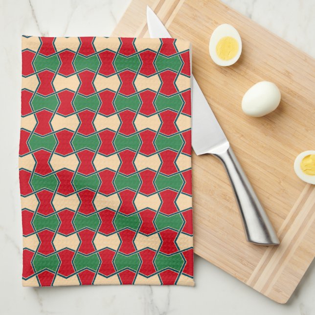 Oriental Red Green Bow Tie Geometric Pattern Tea Towel (Quarter Fold)