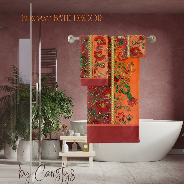 Oriental Red Rust Orange Florals  Bath Towel Set (Creator Uploaded)