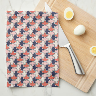 Oriental Red White Blue Geometric Arrows Pattern Tea Towel