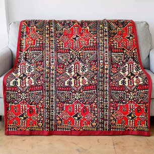 Oriental Red&White Geometric Tribal Pattern Fleece Blanket