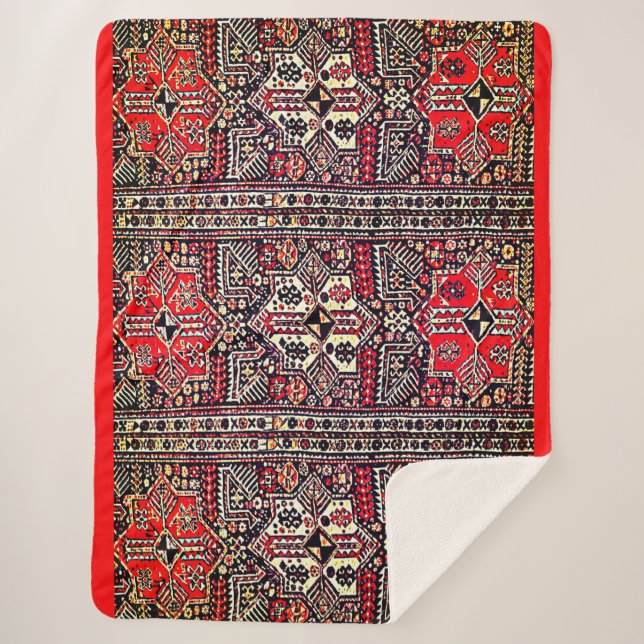Oriental Red&White Geometric Tribal  Pattern Sherpa Blanket (Front)