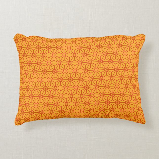 Oriental Red Yellow Asanoha Japan Pattern Accent Decorative Cushion (Front)