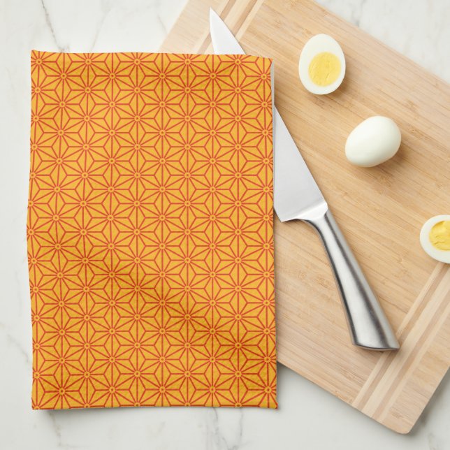 Oriental Red Yellow Asanoha Japan Pattern Tea Towel (Quarter Fold)