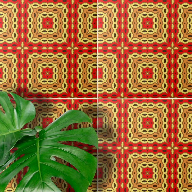 Oriental Red Yellow Brown Mosaic Geometric Pattern Tile (Creator Uploaded)