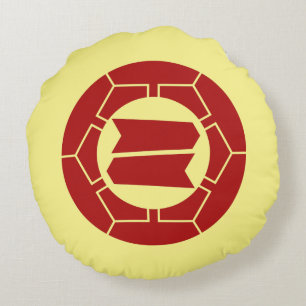 Oriental Red Yellow Japan Hattori Kamon Art Round Cushion