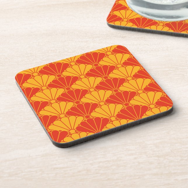 Oriental Red Yellow Kiku Chrysanthemum Mon Pattern Coaster (Left Side)