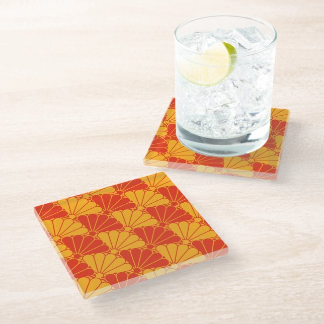 Oriental Red Yellow Kiku Chrysanthemum Mon Pattern Glass Coaster (Angled)