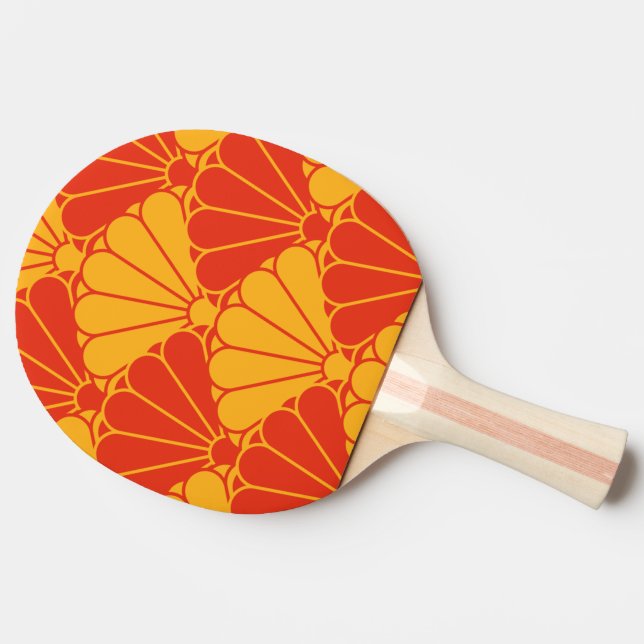 Oriental Red Yellow Kiku Chrysanthemum Mon Pattern Ping Pong Paddle (Side)